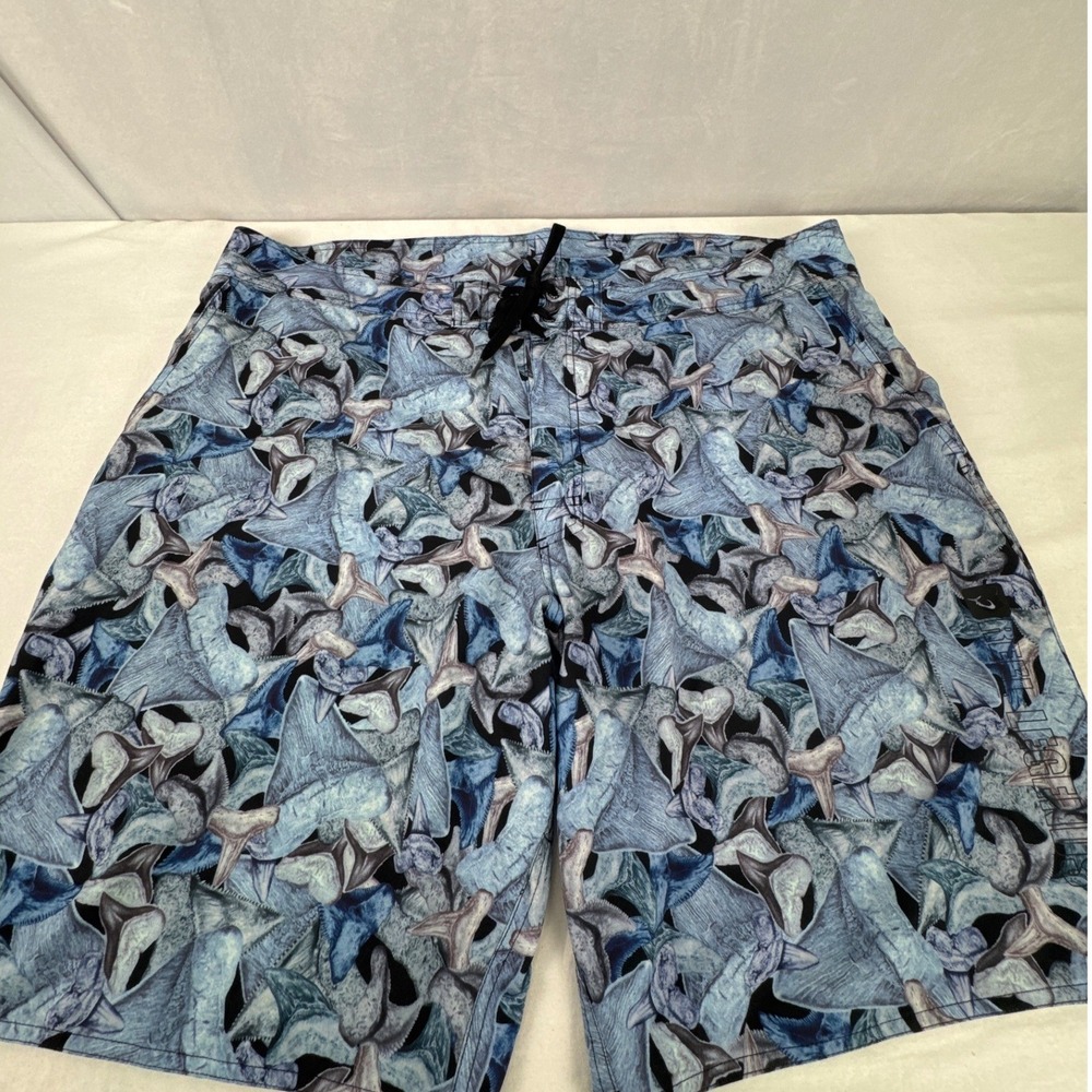 Reel Legends Mens Shark Tooth Print Board Shorts Blue Swim Trunks Size 44